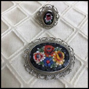 Vintage 1970 Italian Artisan Micro Glass Mosaic Pin & Ring